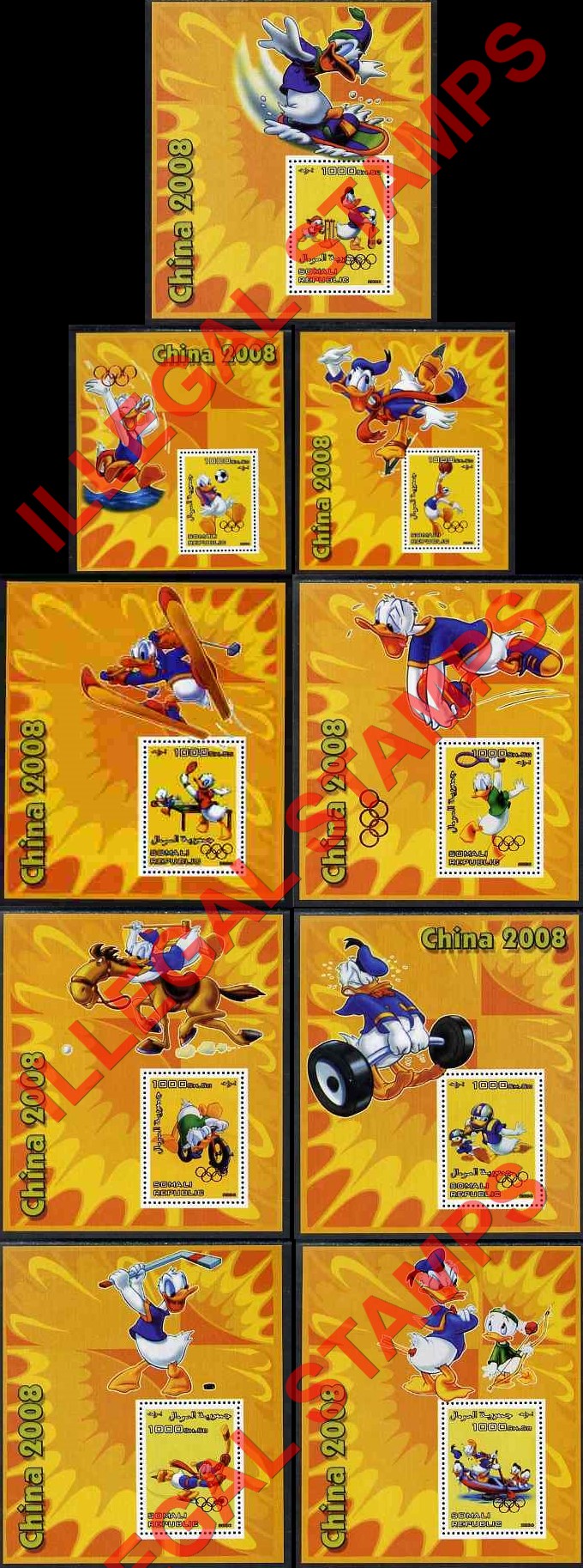 Somalia 2006 Donald Duck China 2008 Olympics Illegal Stamp Souvenir Sheets of 1 With Olympic Ring Overprints on the Stamp Somalia 2006 Donald Duck China 2008 Olympics Illegal Stamp Souvenir Sheets of 1 With Olympic Ring Overprints on the Stamp