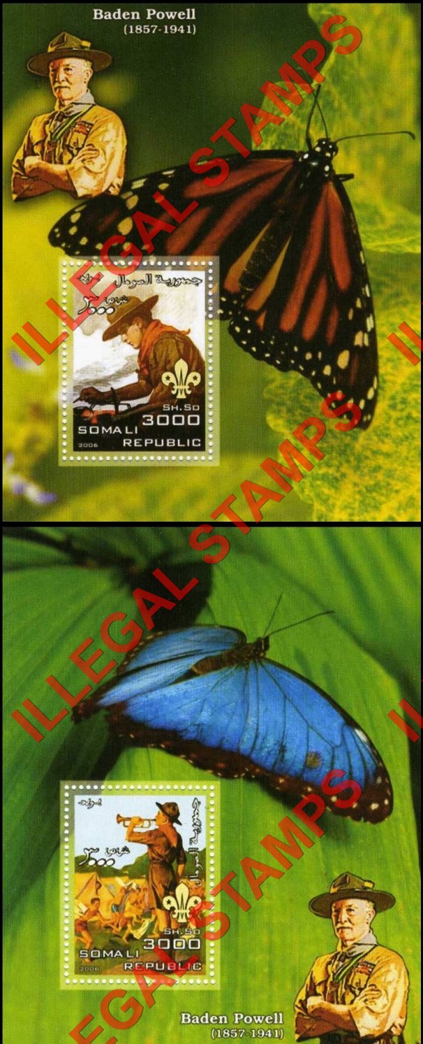 Somalia 2006 Scouts Butterflies and Baden Powell Illegal Stamp Souvenir Sheets of 1 (Part 1) Somalia 2006 Scouts Butterflies and Baden Powell Illegal Stamp Souvenir Sheets of 1 (Part 1)
