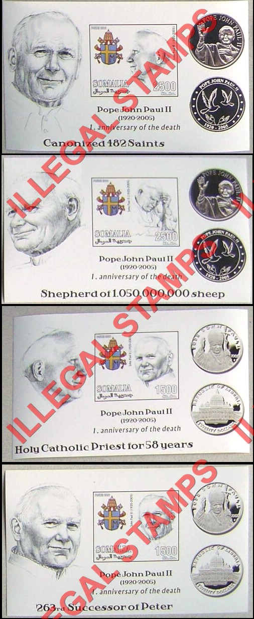 Somalia 2006 Pope John Paul II Death Anniversary Illegal Stamp Souvenir Sheet of 1 with Silver Coins Somalia 2006 Pope John Paul II Death Anniversary Illegal Stamp Souvenir Sheets of 1 with Silver Coins