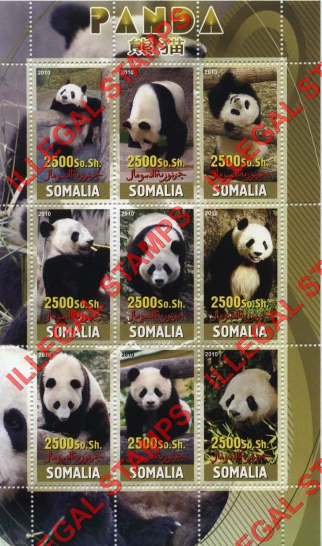 Somalia 2010 Pandas Illegal Stamp Souvenir Sheet of 9 Somalia 2010 Pandas Illegal Stamp Souvenir Sheet of 9