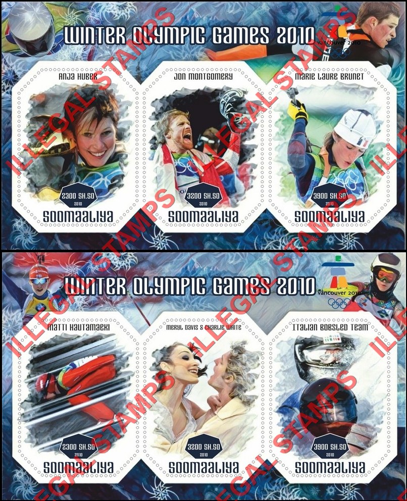 Somalia 2010 Winter Olympic Games in Vancouver Illegal Stamp Souvenir Sheets of 3 Somalia 2010 Winter Olympic Games in Vancouver Illegal Stamp Souvenir Sheets of 3