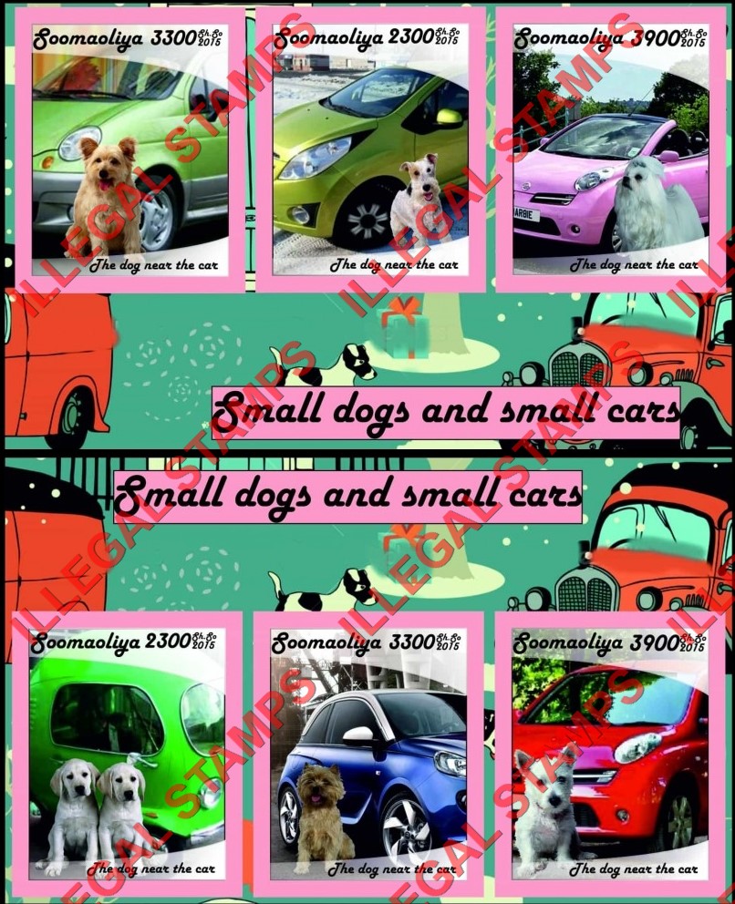 Somalia 2015 Small Dogs and Small Cars Illegal Stamp Souvenir Sheets of 3 Somalia 2015 Small Dogs and Small Cars Illegal Stamp Souvenir Sheets of 3