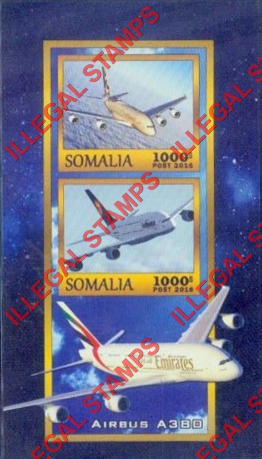 Somalia 2016 Airplanes Airbus Illegal Stamp Souvenir Sheet of 2 Somalia 2016 Airplanes Airbus Illegal Stamp Souvenir Sheet of 2