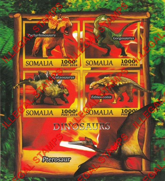 Somalia 2016 Dinosaurs Illegal Stamp Souvenir Sheet of 4 Somalia 2016 Dinosaurs Illegal Stamp Souvenir Sheet of 4