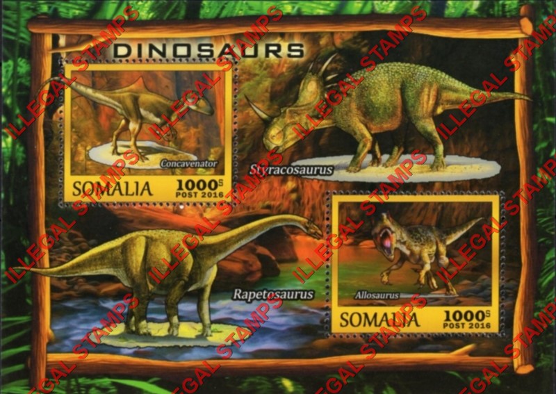 Somalia 2016 Dinosaurs Illegal Stamp Souvenir Sheet of 2 Somalia 2016 Dinosaurs Illegal Stamp Souvenir Sheet of 2