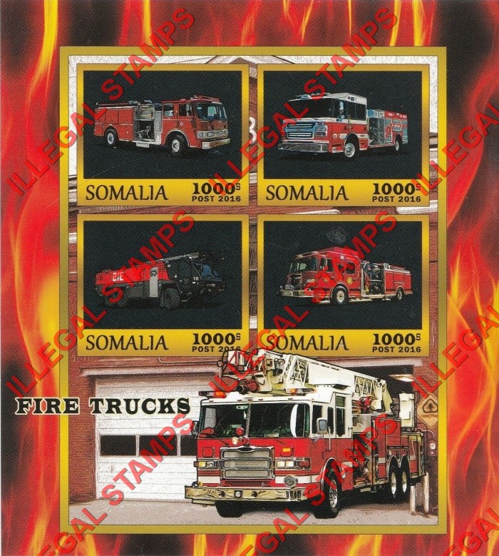 Somalia 2016 Fire Trucks Illegal Stamp Souvenir Sheet of 4 Somalia 2016 Fire Trucks Illegal Stamp Souvenir Sheet of 4