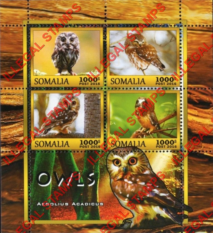 Somalia 2016 Owls Illegal Stamp Souvenir Sheet of 4 Somalia 2016 Owls Illegal Stamp Souvenir Sheet of 4