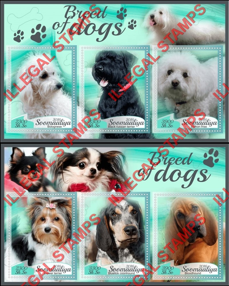 Somalia 2016 Dogs Illegal Stamp Souvenir Sheets of 3 Somalia 2016 Dogs Illegal Stamp Souvenir Sheets of 3