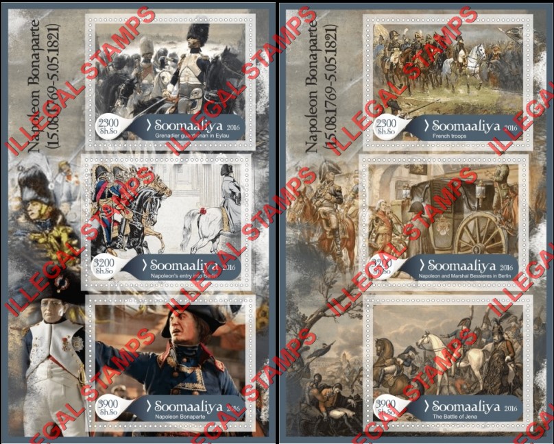 Somalia 2016 Napoleon Bonaparte Illegal Stamp Souvenir Sheets of 3 Somalia 2016 Napoleon Bonaparte Illegal Stamp Souvenir Sheets of 3