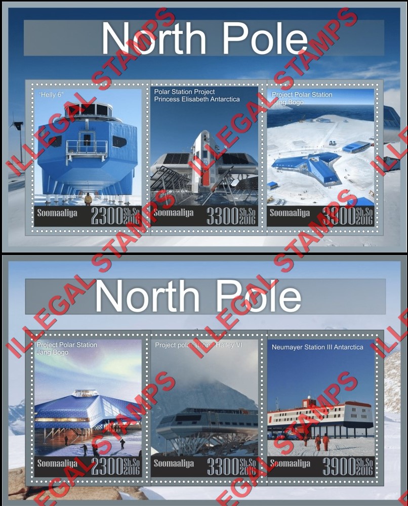 Somalia 2016 North Pole Research Facilities Icebreakers and Animals Illegal Stamp Souvenir Sheets of 3 Somalia 2016 North Pole Research Facilities Icebreakers and Animals Illegal Stamp Souvenir Sheets of 3