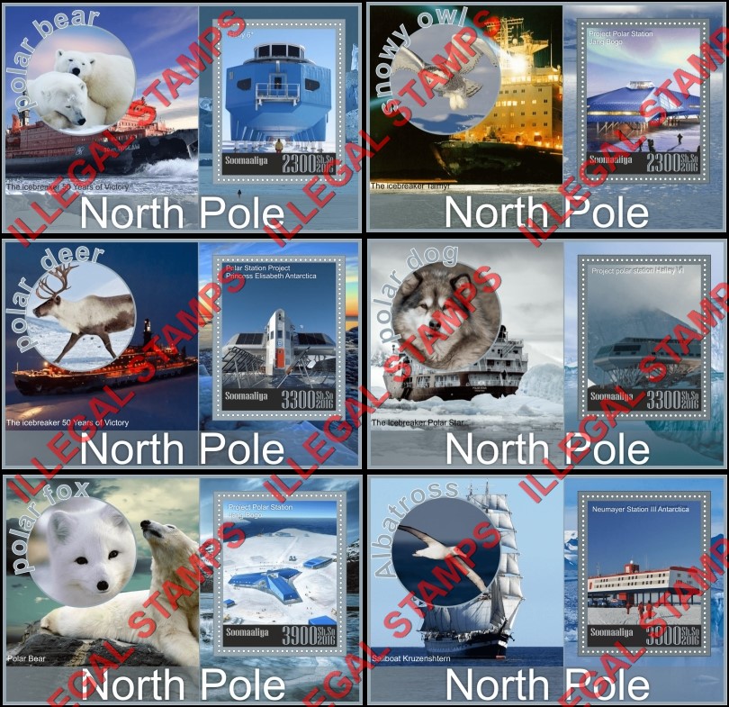 Somalia 2016 North Pole Research Facilities Icebreakers and Animals Illegal Stamp Souvenir Sheets of 1 Somalia 2016 North Pole Research Facilities Icebreakers and Animals Illegal Stamp Souvenir Sheets of 1