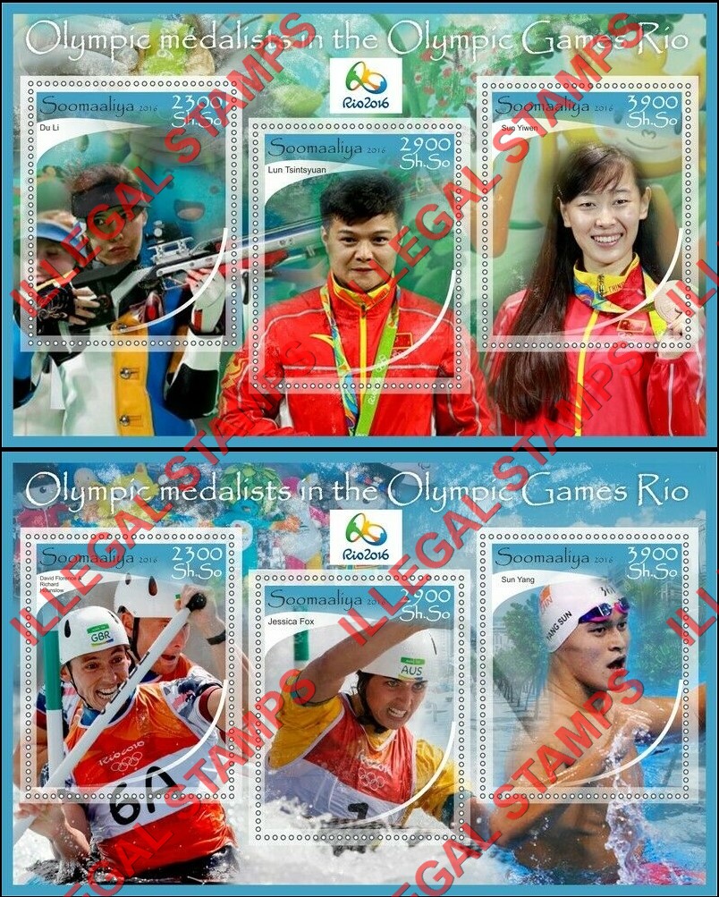 Somalia 2016 Olympic Games in Rio Medalists Illegal Stamp Souvenir Sheets of 3 Somalia 2016 Olympic Games in Rio Medalists Illegal Stamp Souvenir Sheets of 3