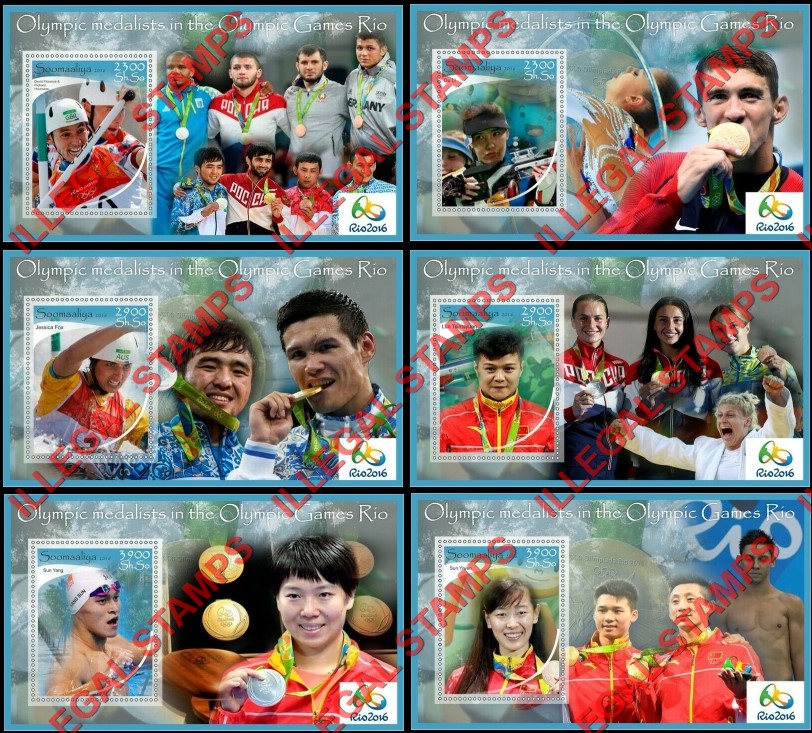 Somalia 2016 Olympic Games in Rio Medalists Illegal Stamp Souvenir Sheets of 1 Somalia 2016 Olympic Games in Rio Medalists Illegal Stamp Souvenir Sheets of 1