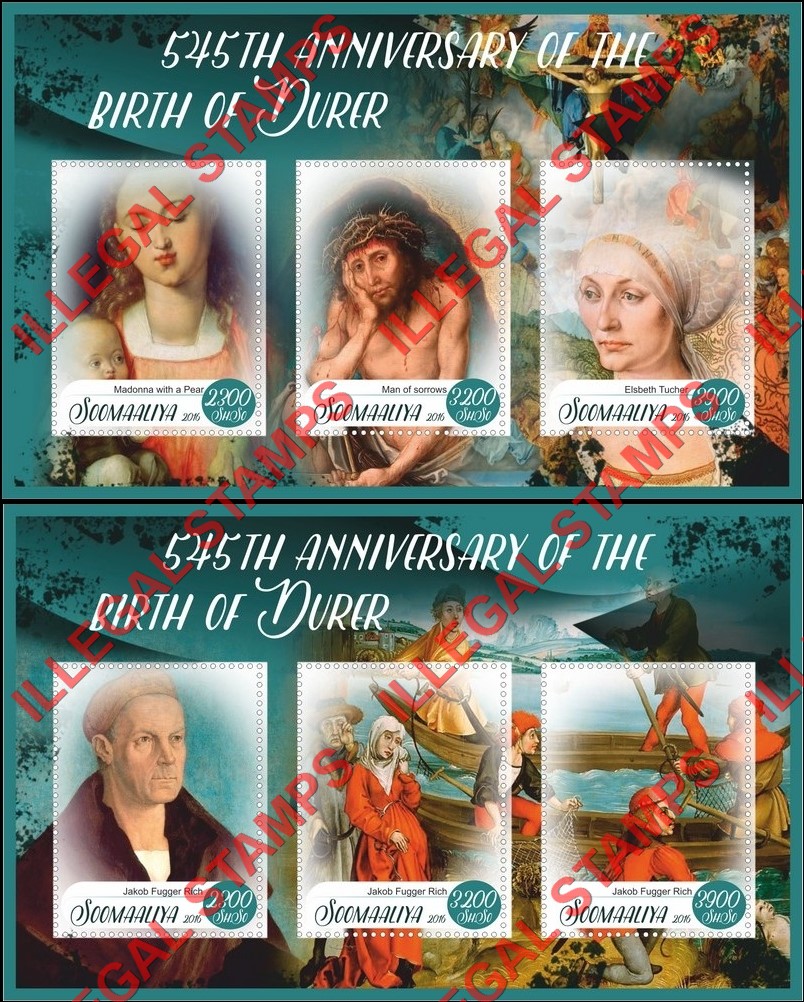 Somalia 2016 Paintings by Durer Illegal Stamp Souvenir Sheets of 3 Somalia 2016 Paintings by Durer Illegal Stamp Souvenir Sheets of 3