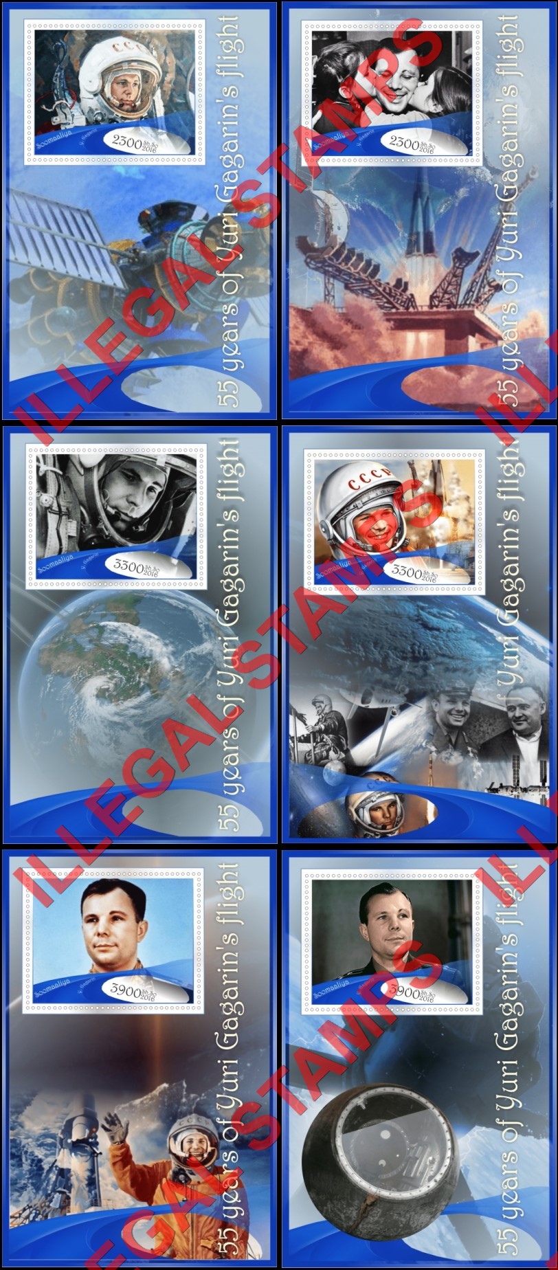 Somalia 2016 Space Yuri Gagarin Illegal Stamp Souvenir Sheets of 1 Somalia 2016 Space Yuri Gagarin Illegal Stamp Souvenir Sheets of 1