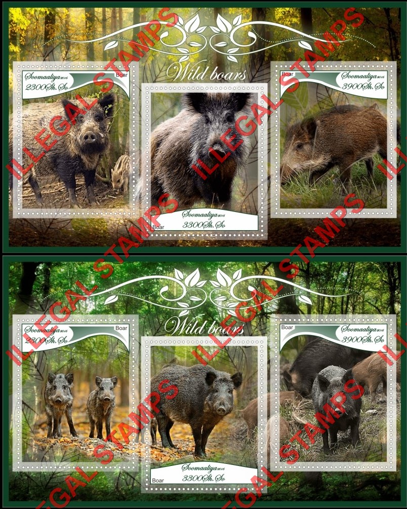 Somalia 2016 Wild Boars Illegal Stamp Souvenir Sheets of 3 Somalia 2016 Wild Boars Illegal Stamp Souvenir Sheets of 3