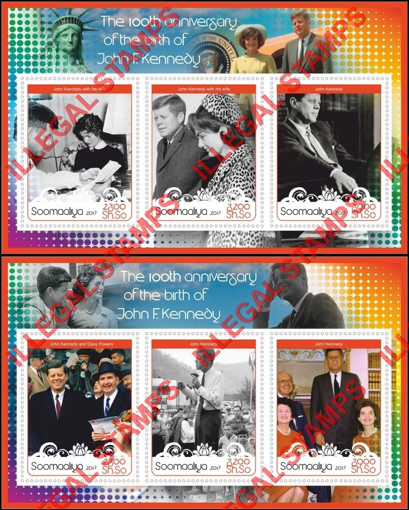 Somalia 2017 John F. Kennedy Illegal Stamp Souvenir Sheets of 3 Somalia 2017 John F. Kennedy Illegal Stamp Souvenir Sheets of 3