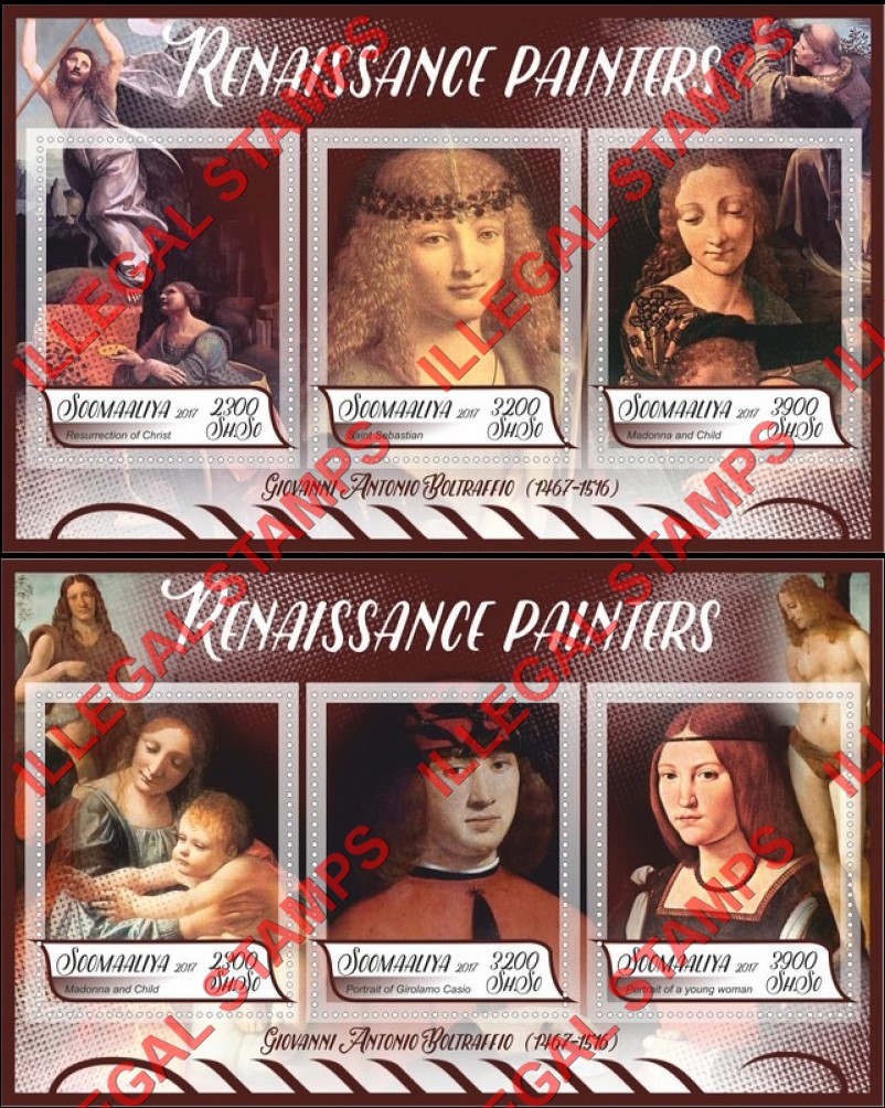 Somalia 2017 Paintings by Giovanni Antonio Boltraffio Illegal Stamp Souvenir Sheets of 3 Somalia 2017 Paintings by Giovanni Antonio Boltraffio Illegal Stamp Souvenir Sheets of 3