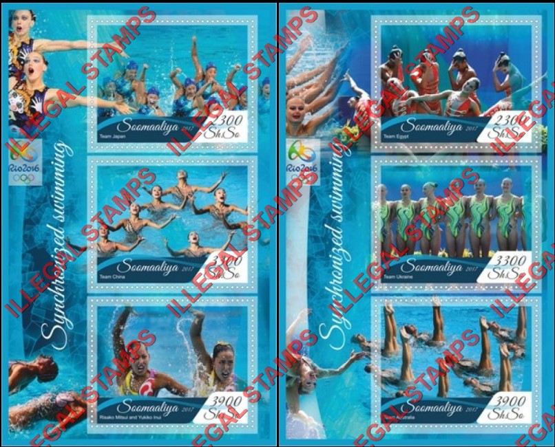 Somalia 2017 Synchronized Swimming Olympics in Rio 2016 Illegal Stamp Souvenir Sheets of 3 Somalia 2017 Synchronized Swimming Olympics in Rio 2016 Illegal Stamp Souvenir Sheets of 3