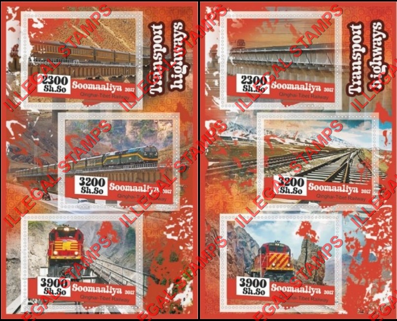 Somalia 2017 Trains Transport Highways Illegal Stamp Souvenir Sheets of 3 Somalia 2017 Trains Transport Highways Illegal Stamp Souvenir Sheets of 3