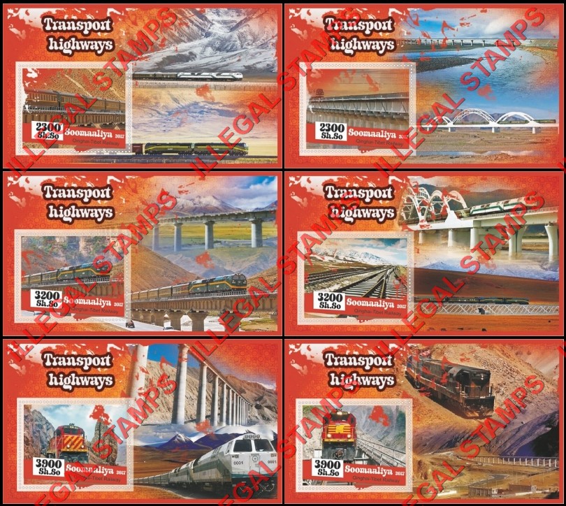 Somalia 2017 Trains Transport Highways Illegal Stamp Souvenir Sheets of 1 Somalia 2017 Trains Transport Highways Illegal Stamp Souvenir Sheets of 1