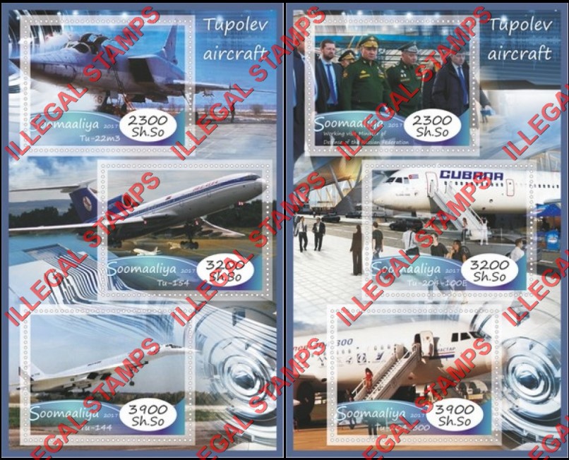 Somalia 2017 Tupolev Aircraft Illegal Stamp Souvenir Sheets of 3 Somalia 2017 Tupolev Aircraft Illegal Stamp Souvenir Sheets of 3
