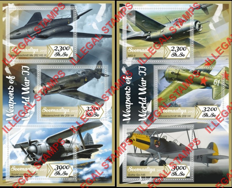 Somalia 2017 Weapons of World War II Fighter Planes Illegal Stamp Souvenir Sheets of 3 Somalia 2017 Weapons of World War II Fighter Planes Illegal Stamp Souvenir Sheets of 3
