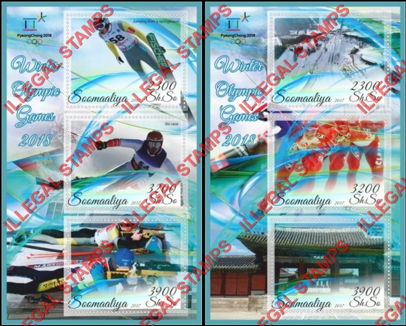 Somalia 2017 Winter Olympic Games in PyeongChang 2018 (different) Illegal Stamp Souvenir Sheets of 3 Somalia 2017 Winter Olympic Games in PyeongChang 2018 (different) Illegal Stamp Souvenir Sheets of 3