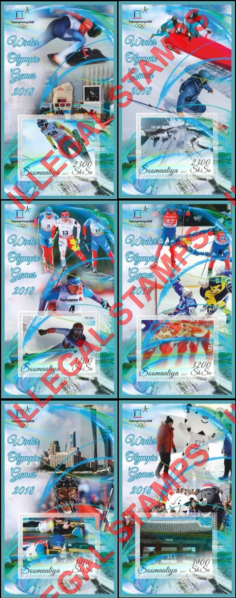 Somalia 2017 Winter Olympic Games in PyeongChang 2018 (different) Illegal Stamp Souvenir Sheets of 1 Somalia 2017 Winter Olympic Games in PyeongChang 2018 (different) Illegal Stamp Souvenir Sheets of 1