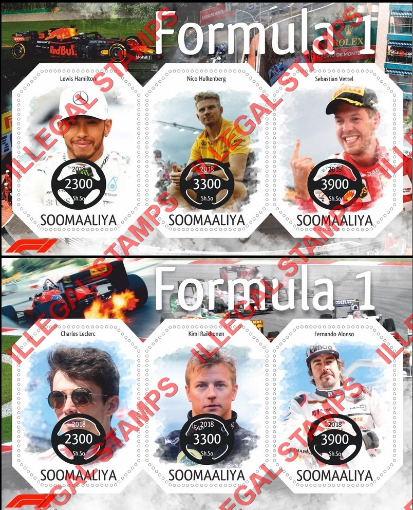 Somalia 2018 Formula I Drivers Illegal Stamp Souvenir Sheets of 3 Somalia 2018 Formula I Drivers Illegal Stamp Souvenir Sheets of 3