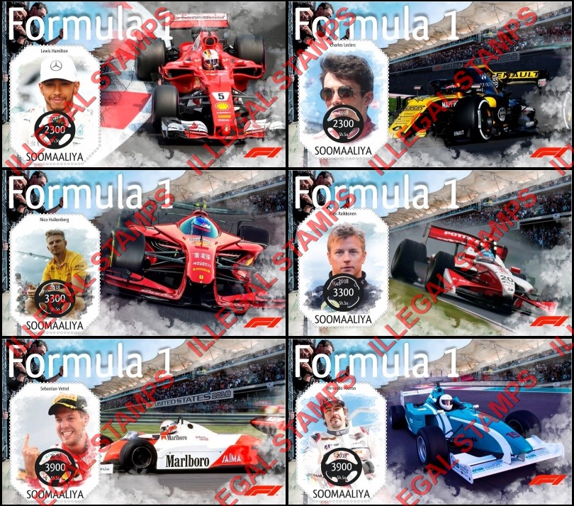 Somalia 2018 Formula I Drivers Illegal Stamp Souvenir Sheets of 1 Somalia 2018 Formula I Drivers Illegal Stamp Souvenir Sheets of 1