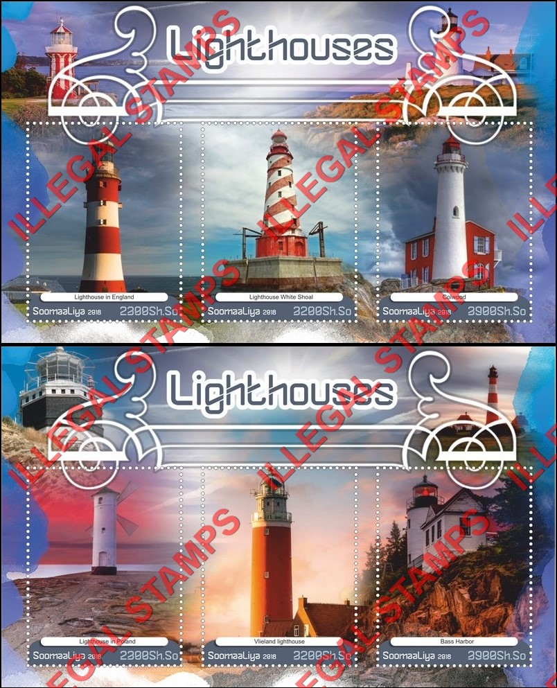 Somalia 2018 Lighthouses Illegal Stamp Souvenir Sheets of 3 Somalia 2018 Lighthouses Illegal Stamp Souvenir Sheets of 3