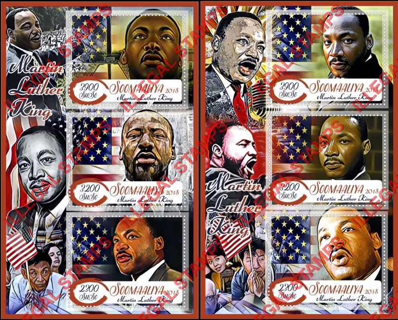 Somalia 2018 Martin Luther King Illegal Stamp Souvenir Sheets of 3 Somalia 2018 Martin Luther King Illegal Stamp Souvenir Sheets of 3