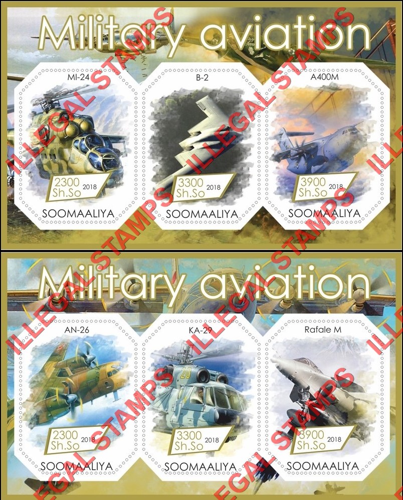 Somalia 2018 Military Aviation Illegal Stamp Souvenir Sheets of 3 Somalia 2018 Military Aviation Illegal Stamp Souvenir Sheets of 3
