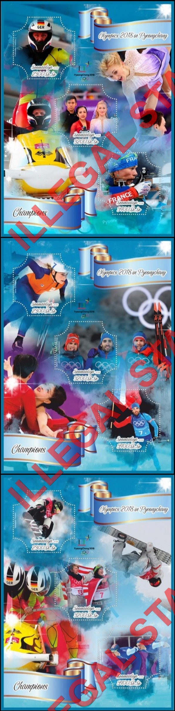 Somalia 2018 Olympic Champions in Pyeongchang Illegal Stamp Souvenir Sheets of 3 Somalia 2018 Olympic Champions in Pyeongchang Illegal Stamp Souvenir Sheets of 3