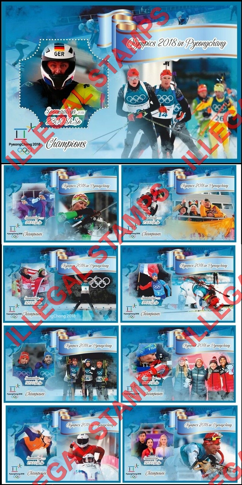 Somalia 2018 Olympic Champions in Pyeongchang Illegal Stamp Souvenir Sheets of 1 Somalia 2018 Olympic Champions in Pyeongchang Illegal Stamp Souvenir Sheets of 1