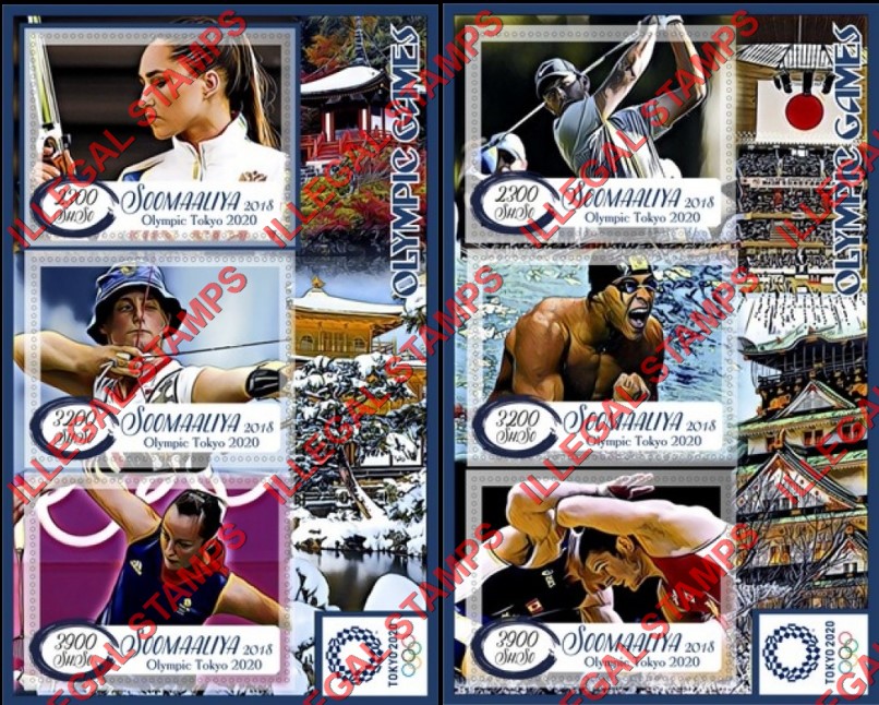 Somalia 2018 Olympic Games in Tokyo 2020 (different) Illegal Stamp Souvenir Sheets of 3 Somalia 2018 Olympic Games in Tokyo 2020 (different) Illegal Stamp Souvenir Sheets of 3