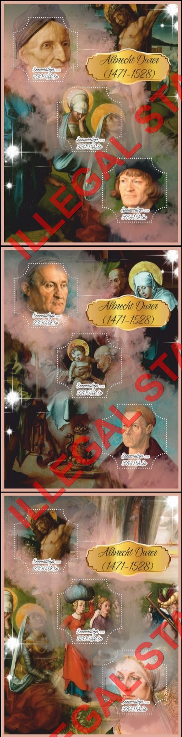 Somalia 2018 Paintings by Albrecht Durer (different) Illegal Stamp Souvenir Sheets of 3 Somalia 2018 Paintings by Albrecht Durer (different) Illegal Stamp Souvenir Sheets of 3