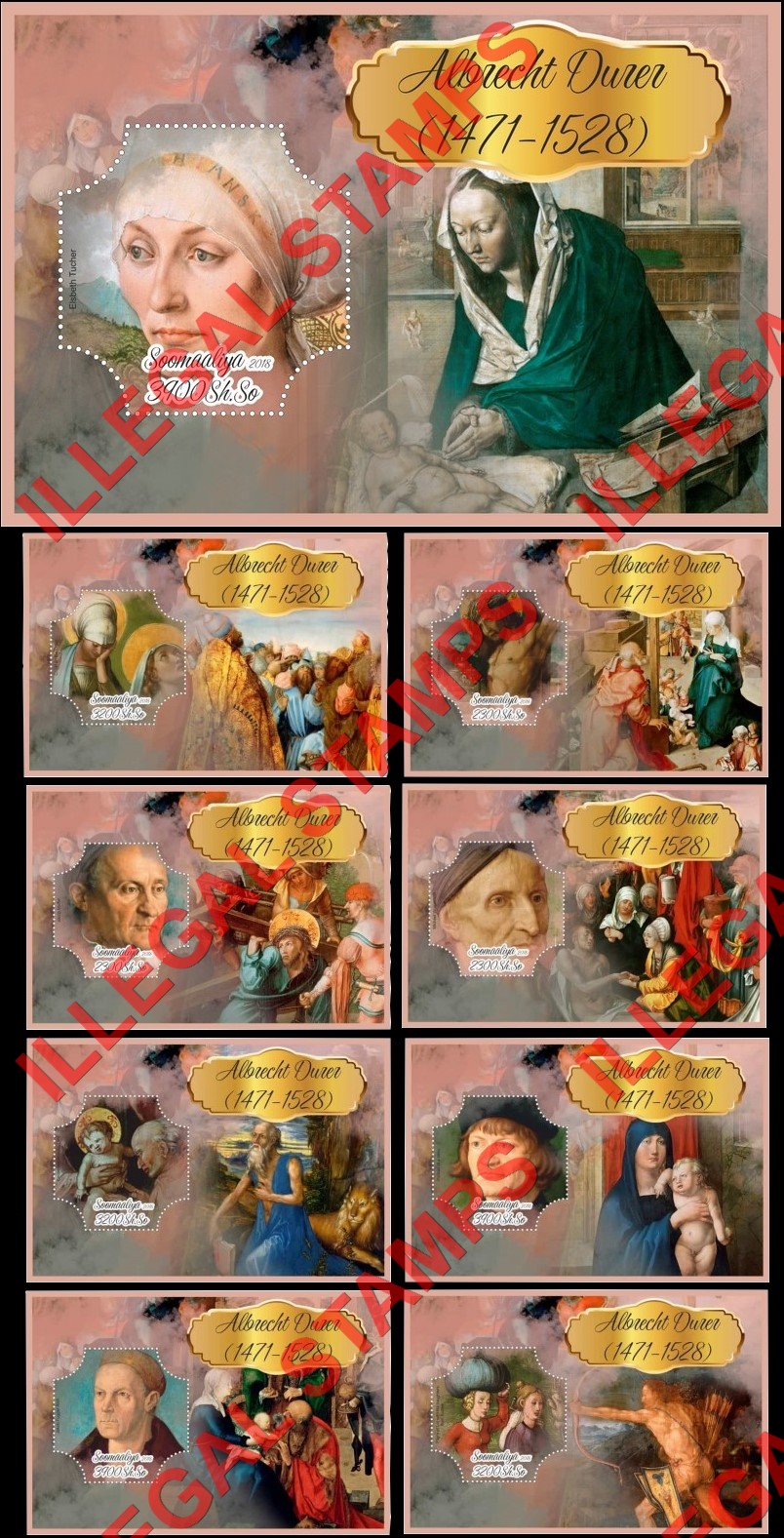 Somalia 2018 Paintings by Albrecht Durer (different) Illegal Stamp Souvenir Sheets of 1 Somalia 2018 Paintings by Albrecht Durer (different) Illegal Stamp Souvenir Sheets of 1