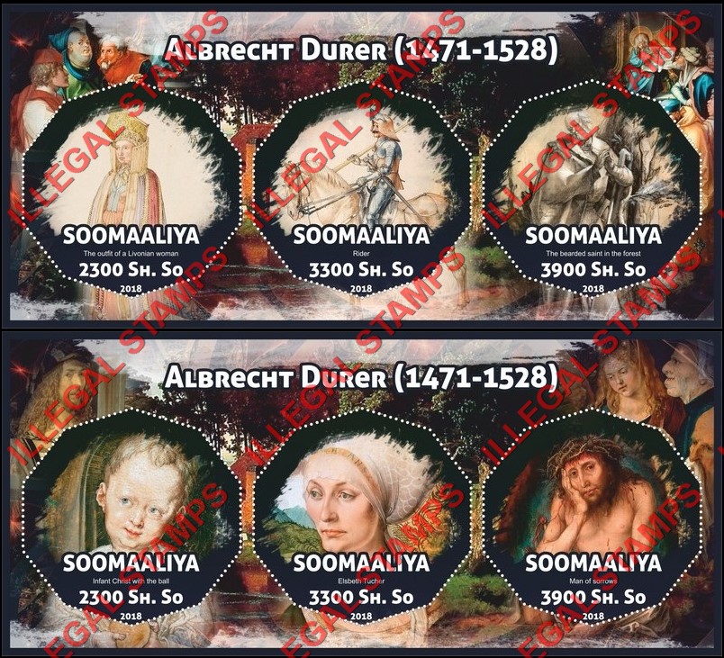 Somalia 2018 Paintings by Albrecht Durer Illegal Stamp Souvenir Sheets of 3 Somalia 2018 Paintings by Albrecht Durer Illegal Stamp Souvenir Sheets of 3