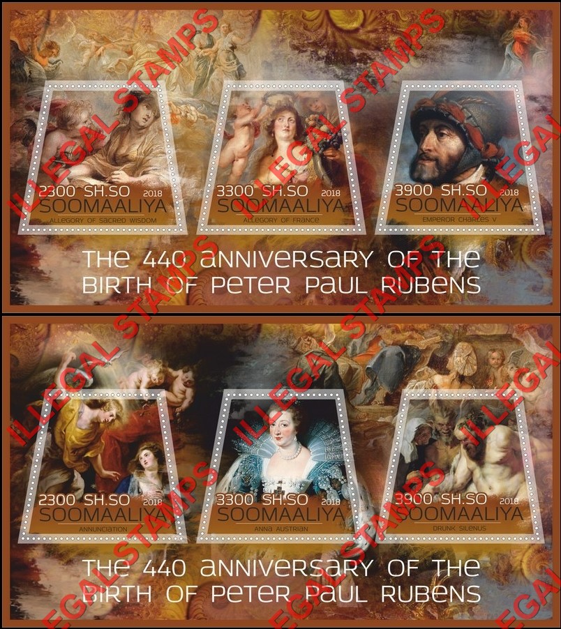 Somalia 2018 Paintings by Peter Paul Rubens Illegal Stamp Souvenir Sheets of 3 Somalia 2018 Paintings by Peter Paul Rubens Illegal Stamp Souvenir Sheets of 3