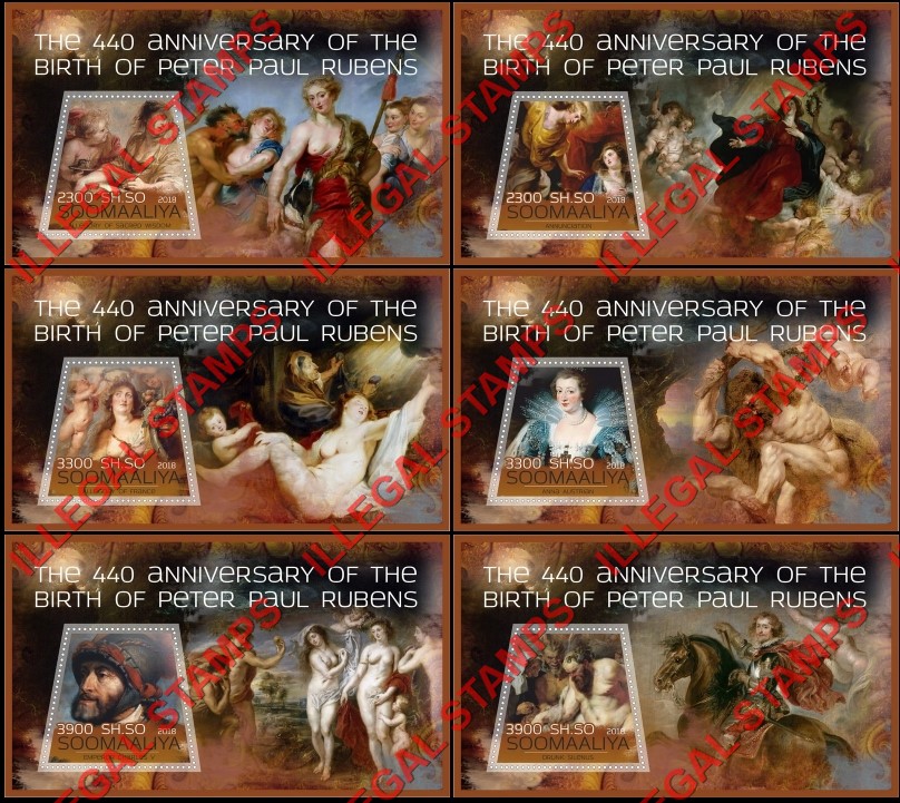 Somalia 2018 Paintings by Peter Paul Rubens Illegal Stamp Souvenir Sheets of 1 Somalia 2018 Paintings by Peter Paul Rubens Illegal Stamp Souvenir Sheets of 1