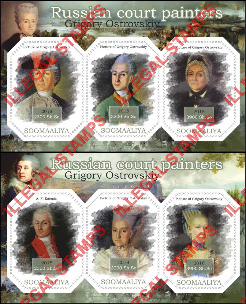 Somalia 2018 Paintings Russian Court Painters Grigory Ostrovskiy Illegal Stamp Souvenir Sheets of 3 Somalia 2018 Paintings Russian Court Painters Grigory Ostrovskiy Illegal Stamp Souvenir Sheets of 3
