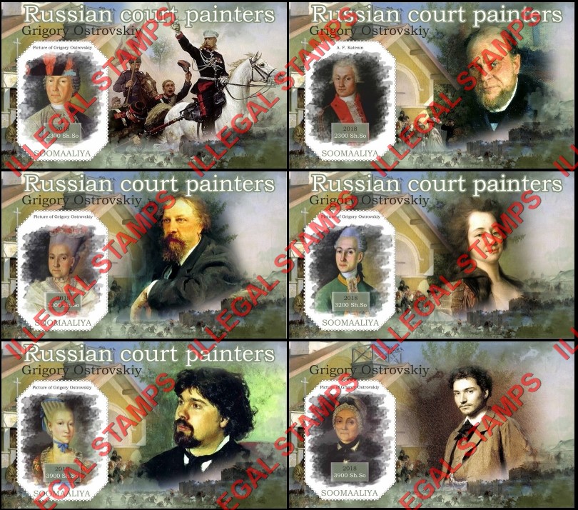 Somalia 2018 Paintings Russian Court Painters Grigory Ostrovskiy Illegal Stamp Souvenir Sheets of 1 Somalia 2018 Paintings Russian Court Painters Grigory Ostrovskiy Illegal Stamp Souvenir Sheets of 1
