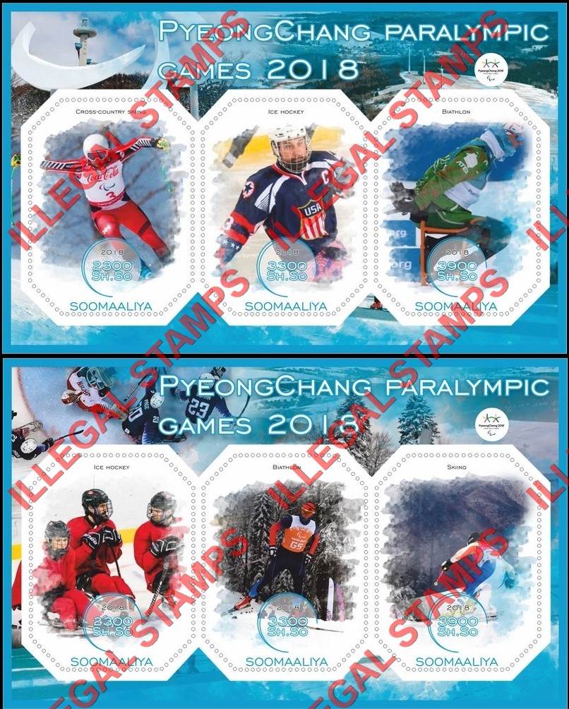Somalia 2018 Paralympic Games Pyeongchang Illegal Stamp Souvenir Sheets of 3 Somalia 2018 Paralympic Games Pyeongchang Illegal Stamp Souvenir Sheets of 3