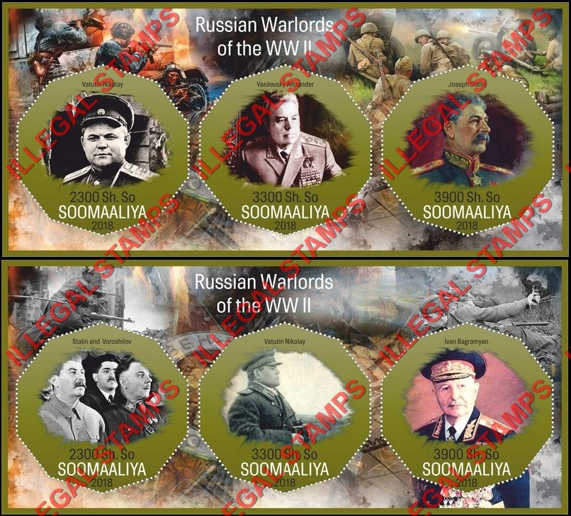 Somalia 2018 Russian Warlords of World War II Illegal Stamp Souvenir Sheets of 3 Somalia 2018 Russian Warlords of World War II Illegal Stamp Souvenir Sheets of 3