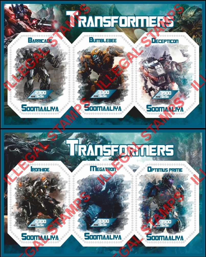 Somalia 2018 Transformers Illegal Stamp Souvenir Sheets of 3 Somalia 2018 Transformers Illegal Stamp Souvenir Sheets of 3