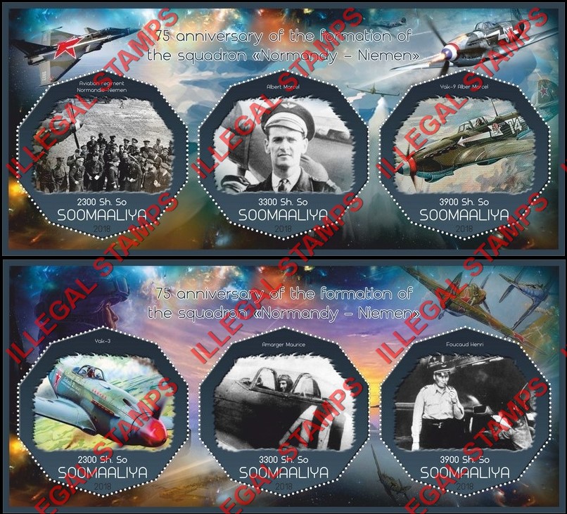 Somalia 2018 World War II Squadron Normandy-Niemen Illegal Stamp Souvenir Sheets of 3 Somalia 2018 World War II Squadron Normandy-Niemen Illegal Stamp Souvenir Sheets of 3