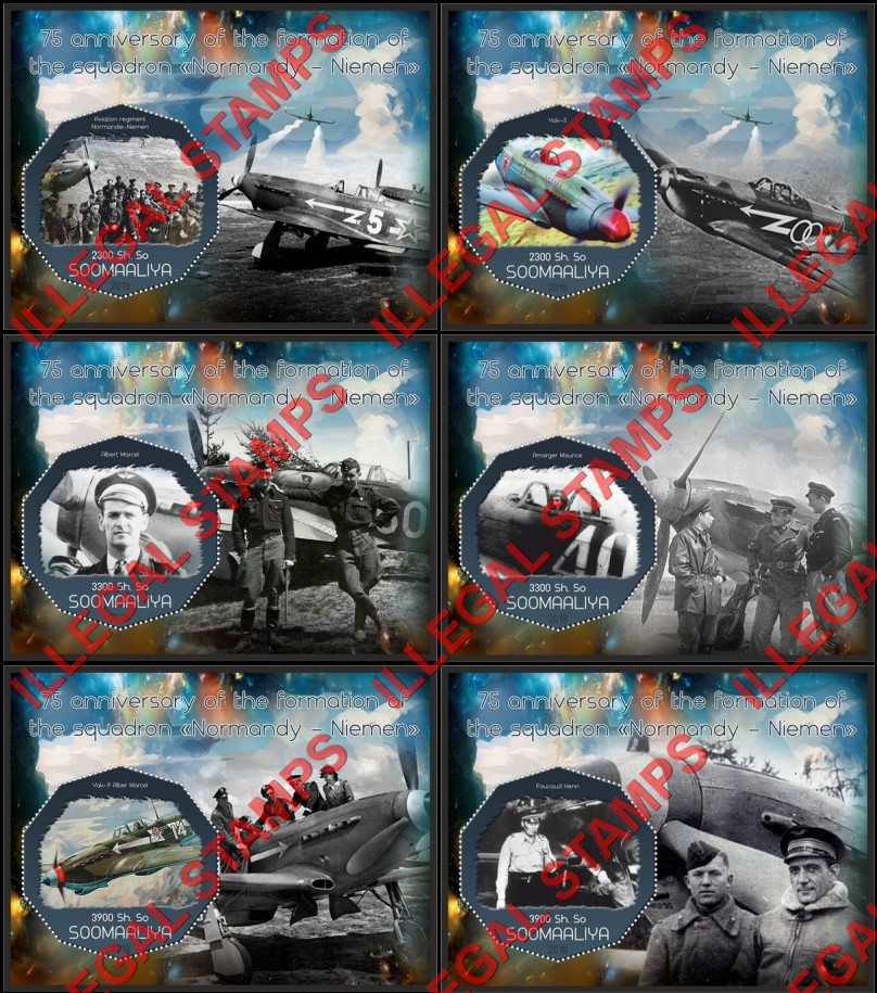 Somalia 2018 World War II Squadron Normandy-Niemen Illegal Stamp Souvenir Sheets of 1 Somalia 2018 World War II Squadron Normandy-Niemen Illegal Stamp Souvenir Sheets of 1