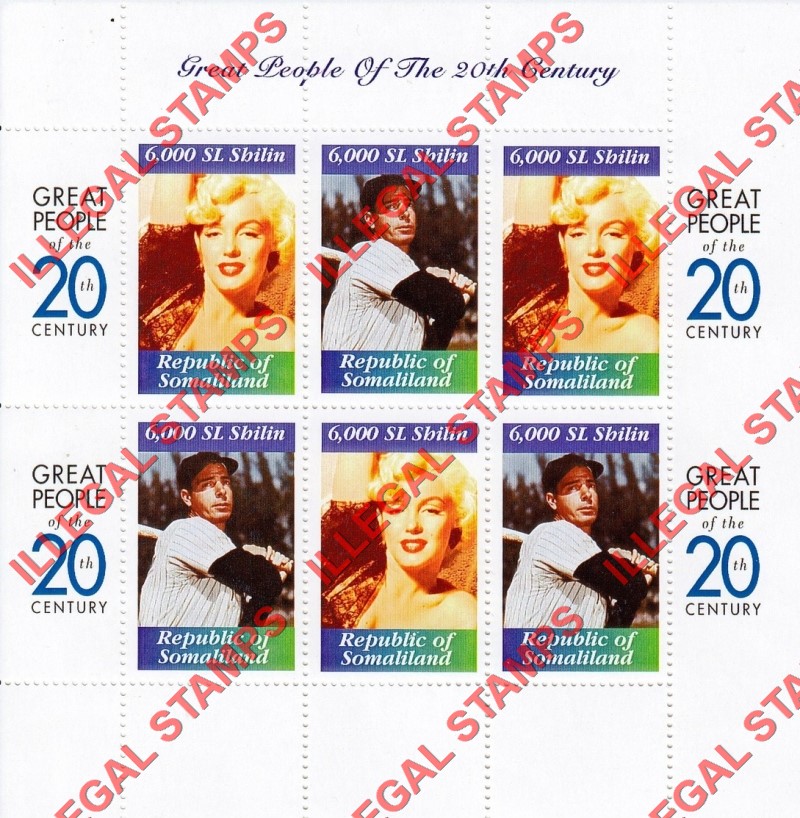 Somaliland 1999 Great People Marilyn Monroe and Joe di Maggio Illegal Stamp Souvenir Sheet of 6 Somaliland 1999 Great People Marilyn Monroe and Joe di Maggio Illegal Stamp Souvenir Sheet of 6